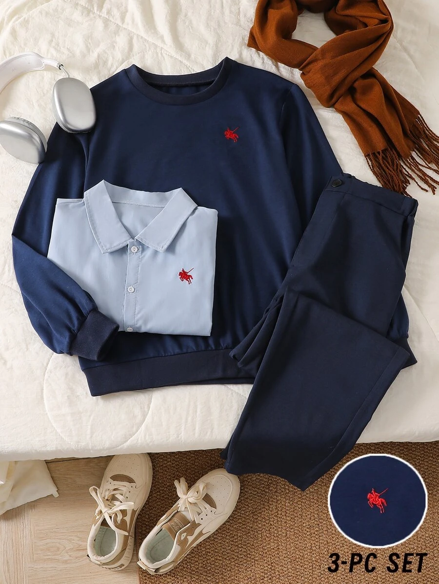 Teenager Knight Embroidery Long Sleeve Shirt + Knit Sweatshirt + Long Pants 3 Pieces Set, College Style Layered Outfit, Blue Red Navy Blue Fall Baggy - Navy Blue - View 1