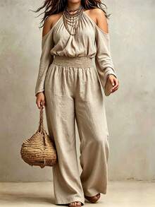 Linhara CURVE PLUS Women's Solid Color Ruched Cold Shoulder Casual Daily Wear Jumpsuit Fall - Khaki - View 4