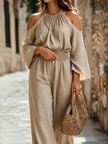 Linhara CURVE PLUS Women's Solid Color Ruched Cold Shoulder Casual Daily Wear Jumpsuit Fall - Khaki - View 5
