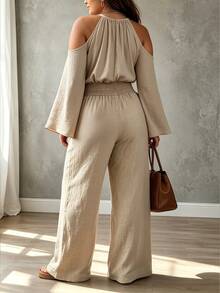 Linhara CURVE PLUS Women's Solid Color Ruched Cold Shoulder Casual Daily Wear Jumpsuit Fall - Khaki - View 2