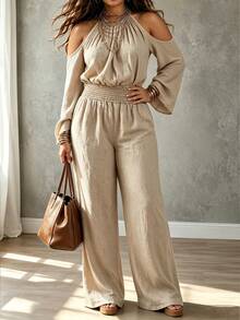 Linhara CURVE PLUS Women's Solid Color Ruched Cold Shoulder Casual Daily Wear Jumpsuit Fall - Khaki - View 3