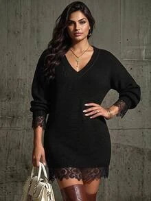 Linhara CURVE فستان نسائي مقاس كبير بياقة على شكل حرف V وأكمام طويلة من الدانتيل المحبوك - الأسود - مشاهدة 2