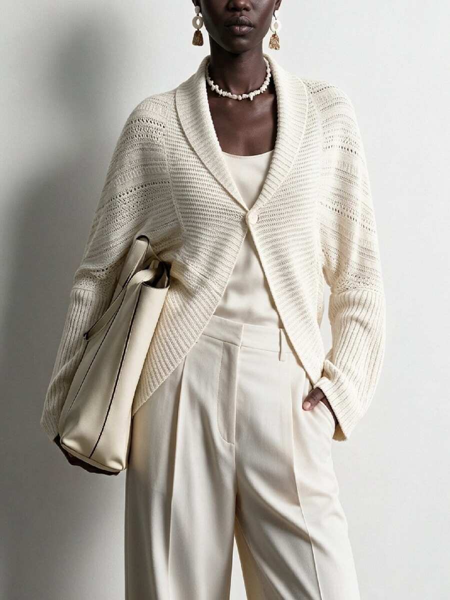 Aalyst Women's French Lazy Relaxed Style V-Neck Lapel Long Sleeve Knit Cardigan, Fashion Street Versatile Open Front Top, Autumn/Winter - Apricot - View 1