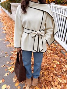 SHEIN Women's Autumn/Winter Light-Colored Wool Blend Casual Commuter Professional Black Trim Design With Ribbon Decoration Loose Fit Pocket Long Sleeve Jacket - Apricot - View 7
