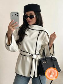 SHEIN Women's Autumn/Winter Light-Colored Wool Blend Casual Commuter Professional Black Trim Design With Ribbon Decoration Loose Fit Pocket Long Sleeve Jacket - Apricot - View 1