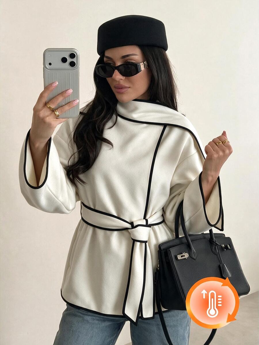 SHEIN Women's Autumn/Winter Light-Colored Wool Blend Casual Commuter Professional Black Trim Design With Ribbon Decoration Loose Fit Pocket Long Sleeve Jacket - Apricot - View 1