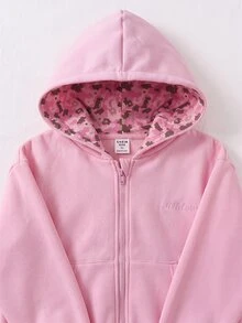 SHEIN 青少年女孩粉色開襟連帽衛衣外套，寬鬆落肩版型，袋鼠口袋，字母刺繡圖案，花卉拼接帽兜，設計感小眾時尚風格，適合通勤、校園、運動休閒，秋冬外套，春夏秋冬必備，聖誕節、萬聖節 - 粉色 - 查看 4