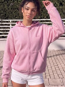 SHEIN 青少年女孩粉色開襟連帽衛衣外套，寬鬆落肩版型，袋鼠口袋，字母刺繡圖案，花卉拼接帽兜，設計感小眾時尚風格，適合通勤、校園、運動休閒，秋冬外套，春夏秋冬必備，聖誕節、萬聖節 - 粉色 - 查看 6