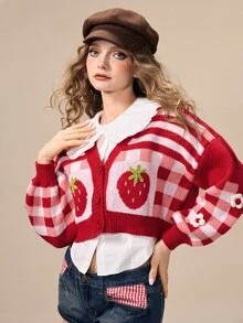 ROMWE Kawaii 可愛甜美草莓圖案女款開襟衫 - 紅色 - 查看 7