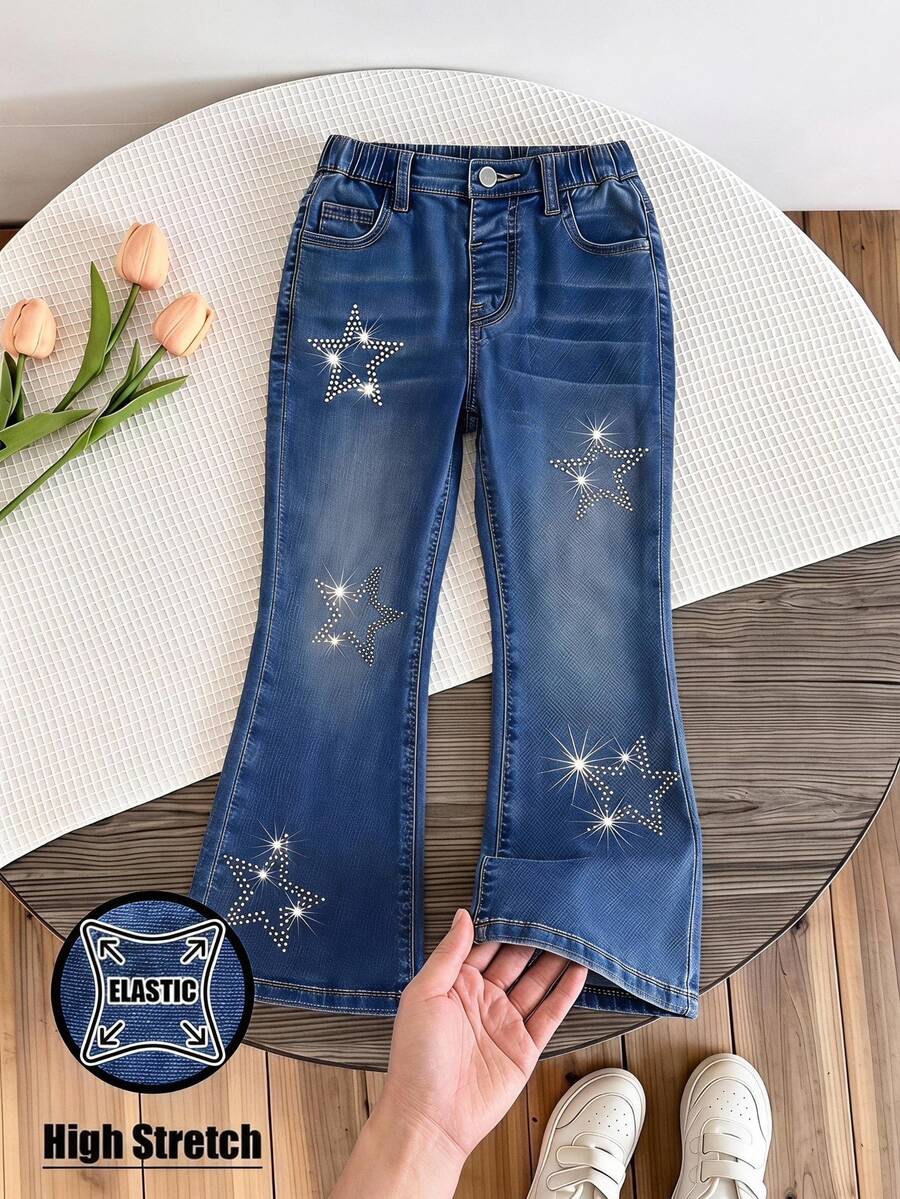SHEIN Girls Y2K Cowboy Western Cowgirl Retro Rhinestone Star Print Elastic Waist High Stretch Flare Leg Soft Jeans Denim Pants Fall Blue Mommy And Me