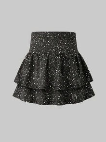 SHEIN 青少年女孩返校休閒卡其色鬆緊腰百褶短裙 - 黑色 - 查看 2