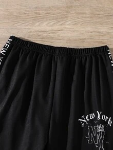 SHEIN Coolqubz 2件組青少年男孩返校套裝，街頭風酷炫圖案字母印花衛衣與運動長褲套裝，秋季風格，街頭風，校園風，柔軟面料休閒中性服飾 - 黑色 - 查看 3