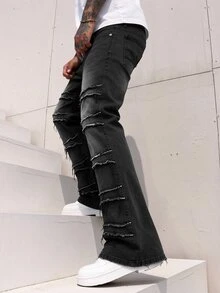 RivetRise Men's American Hip-Hop Street Style Patchwork Raw Edge Black Washed Stretch Denim Straight Stacked Flare Jeans, Goth - Black - View 1