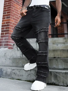 RivetRise Men's American Hip-Hop Street Style Patchwork Raw Edge Black Washed Stretch Denim Straight Stacked Flare Jeans, Goth - Black - View 7