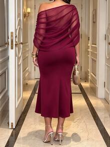 Cravure Plus Size Elegant Chiffon Cape Overlay Midi Mermaid Dress, Cold Shoulder Party Formal Dress Christmas - Burgundy - View 3