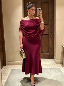 Cravure Plus Size Elegant Chiffon Cape Overlay Midi Mermaid Dress, Cold Shoulder Party Formal Dress Christmas - Burgundy - View 1
