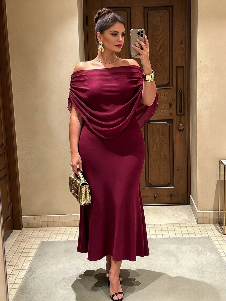 Cravure Plus Size Elegant Chiffon Cape Overlay Midi Mermaid Dress, Cold Shoulder Party Formal Dress Christmas - Burgundy - View 1