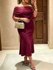 Cravure Plus Size Elegant Chiffon Cape Overlay Midi Mermaid Dress, Cold Shoulder Party Formal Dress Christmas - Burgundy - View 7