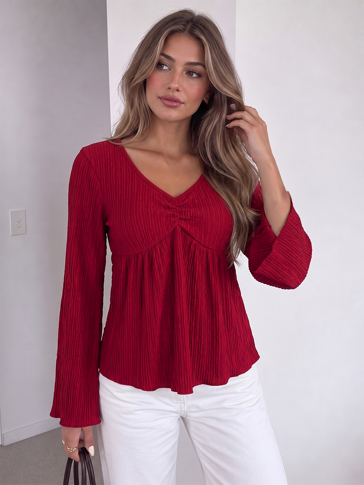 SHEIN Teen Girl Fall Winter Wine Red Crinkle Long Sleeve V Neck Flare Sleeve Elegant Cute T Shirt Top Christmas Formal Prom - Burgundy - View 5