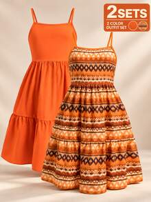 SHEIN Tween Girls Geometric Print Solid Cami Dress Set, Boho Casual Spaghetti Strap Tiered A-Line Sundress Summer Thanksgiving Burnt Orange Orange Holiday - Burnt Orange - View 6