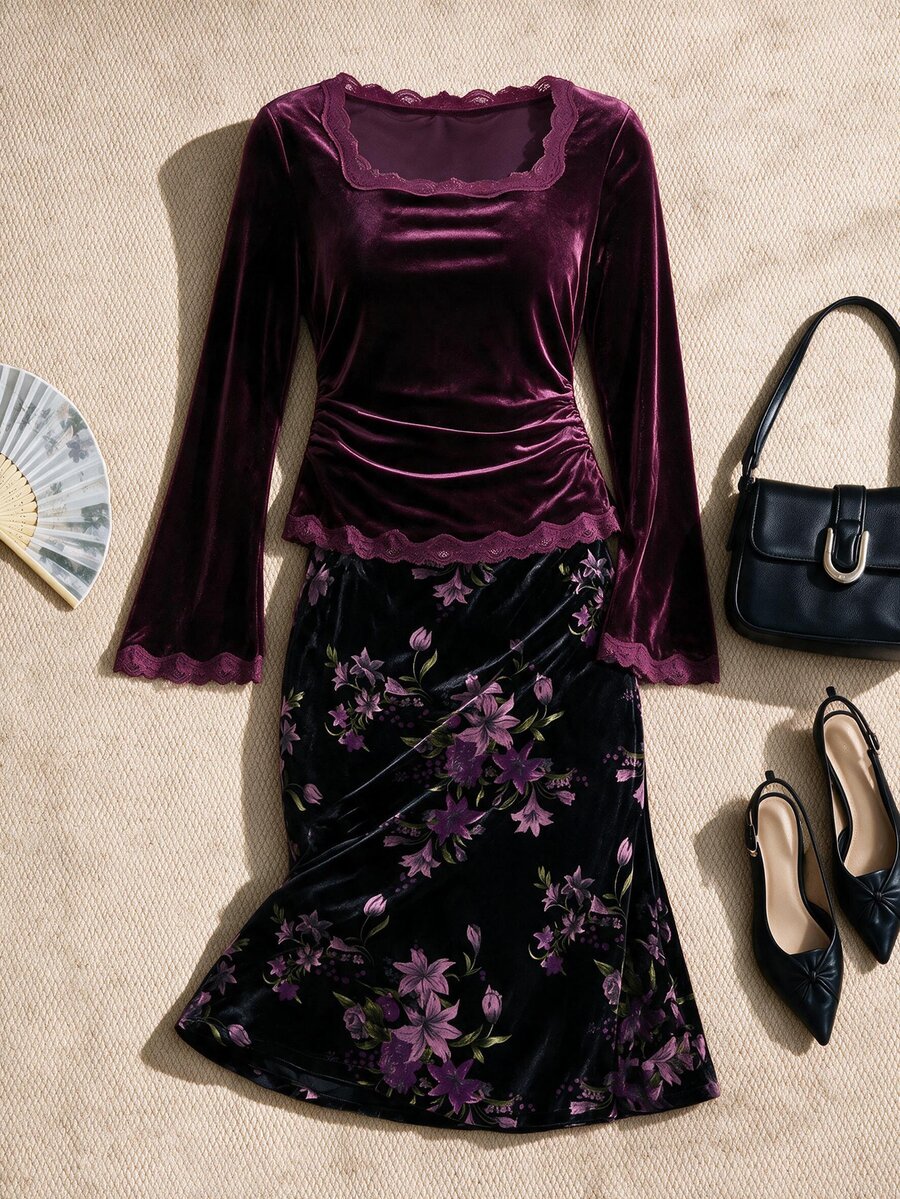 EastFlair Plus Size Elegant Lace Patchwork Elegant Blouse Fall/Winter Chinese Style - Burgundy - View 1