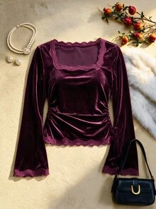 EastFlair Plus Size Elegant Lace Patchwork Elegant Blouse Fall/Winter Chinese Style - Burgundy - View 10
