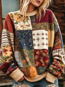Bytebia Bytebia Women's Vintage Patchwork Floral Print Crewneck Sweatshirt, Oversized Long Sleeve Casual Pullover Top - Multicolor - View 3