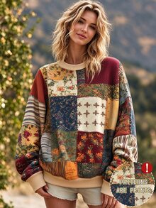 Bytebia Bytebia Women's Vintage Patchwork Floral Print Crewneck Sweatshirt, Oversized Long Sleeve Casual Pullover Top - Multicolor - View 1