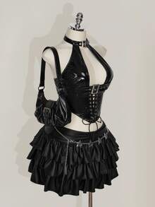 SHEIN ICON 加大码 Y2k 哥特风女式时尚 PU 皮革索环装饰后背系带背心 - 黑色 - 查看 7