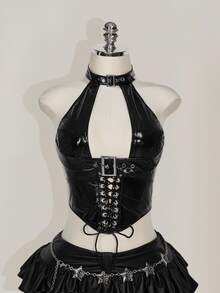 SHEIN ICON 加大码 Y2k 哥特风女式时尚 PU 皮革索环装饰后背系带背心 - 黑色 - 查看 2
