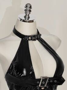 SHEIN ICON 加大码 Y2k 哥特风女式时尚 PU 皮革索环装饰后背系带背心 - 黑色 - 查看 11