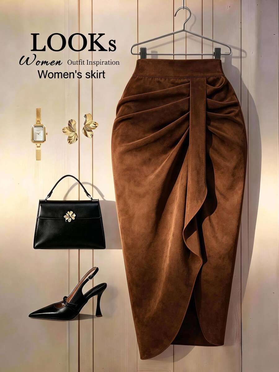 GlowEve CURVE Plus Size Women Solid Color Pleated Asymmetric Hemline Vacation Casual Outing Skirt - Brown - View 1