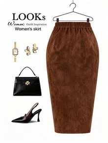 GlowEve CURVE Plus Size Women Solid Color Pleated Asymmetric Hemline Vacation Casual Outing Skirt - Brown - View 2