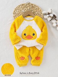 Cozy Pixies 2件組嬰兒男孩女孩卡通可愛鴨子刺繡圖案黃色與白色對比毛絨上衣及黃色毛絨休閒長褲睡衣套裝，適合秋冬、聖誕節、萬聖節、新年 - 黃色 - 查看 3