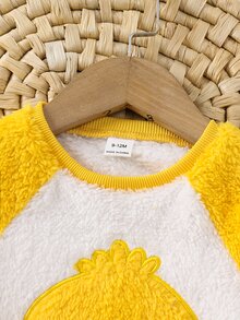 Cozy Pixies 2件組嬰兒男孩女孩卡通可愛鴨子刺繡圖案黃色與白色對比毛絨上衣及黃色毛絨休閒長褲睡衣套裝，適合秋冬、聖誕節、萬聖節、新年 - 黃色 - 查看 4