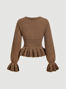 SHEIN MOD كارديجان محبوك أنيق باللون البني للنساء بياقة على شكل حرف V وأزرار ذهبية وحافة وأكمام مكشكشة، كنزة صوفية علوية بقصة ضيقة، كنزة صوفية بنية للخريف والشتاء - بني - مشاهدة 6