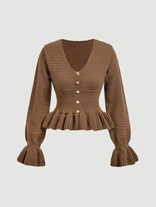 SHEIN MOD كارديجان محبوك أنيق باللون البني للنساء بياقة على شكل حرف V وأزرار ذهبية وحافة وأكمام مكشكشة، كنزة صوفية علوية بقصة ضيقة، كنزة صوفية بنية للخريف والشتاء - بني - مشاهدة 9