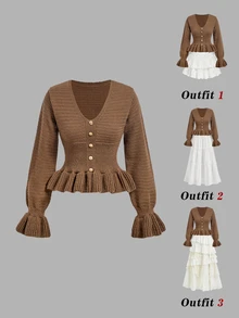 SHEIN MOD كارديجان محبوك أنيق باللون البني للنساء بياقة على شكل حرف V وأزرار ذهبية وحافة وأكمام مكشكشة، كنزة صوفية علوية بقصة ضيقة، كنزة صوفية بنية للخريف والشتاء - بني - مشاهدة 5