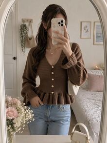 SHEIN MOD كارديجان محبوك أنيق باللون البني للنساء بياقة على شكل حرف V وأزرار ذهبية وحافة وأكمام مكشكشة، كنزة صوفية علوية بقصة ضيقة، كنزة صوفية بنية للخريف والشتاء - بني - مشاهدة 4