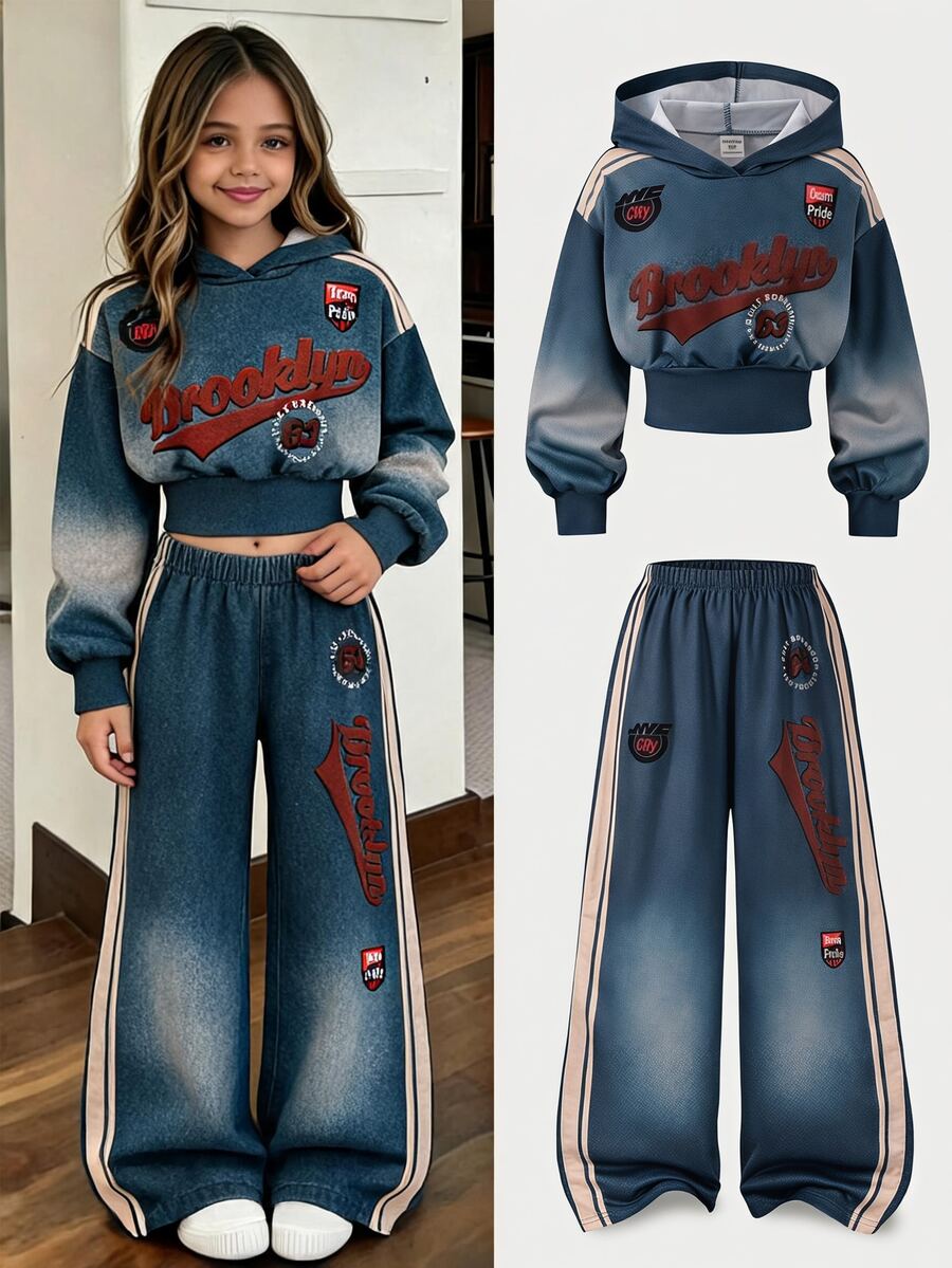 SHEIN 青少年女孩秋季美式復古仿丹寧漸層兩件套套裝,布魯克林字母印花短版連帽衛衣與側條紋寬腿長褲 - 藍色 - 查看 1