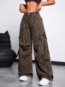 Rivivi Women's Casual Loose Fit Pocket Design Leopard Print Denim Jeans - Multicolor - View 6