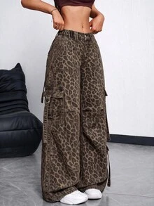 Rivivi Women's Casual Loose Fit Pocket Design Leopard Print Denim Jeans - Multicolor - View 3