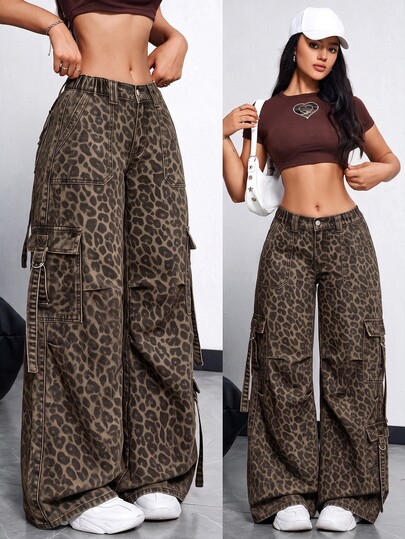 Rivivi Women's Casual Loose Fit Pocket Design Leopard Print Denim Jeans