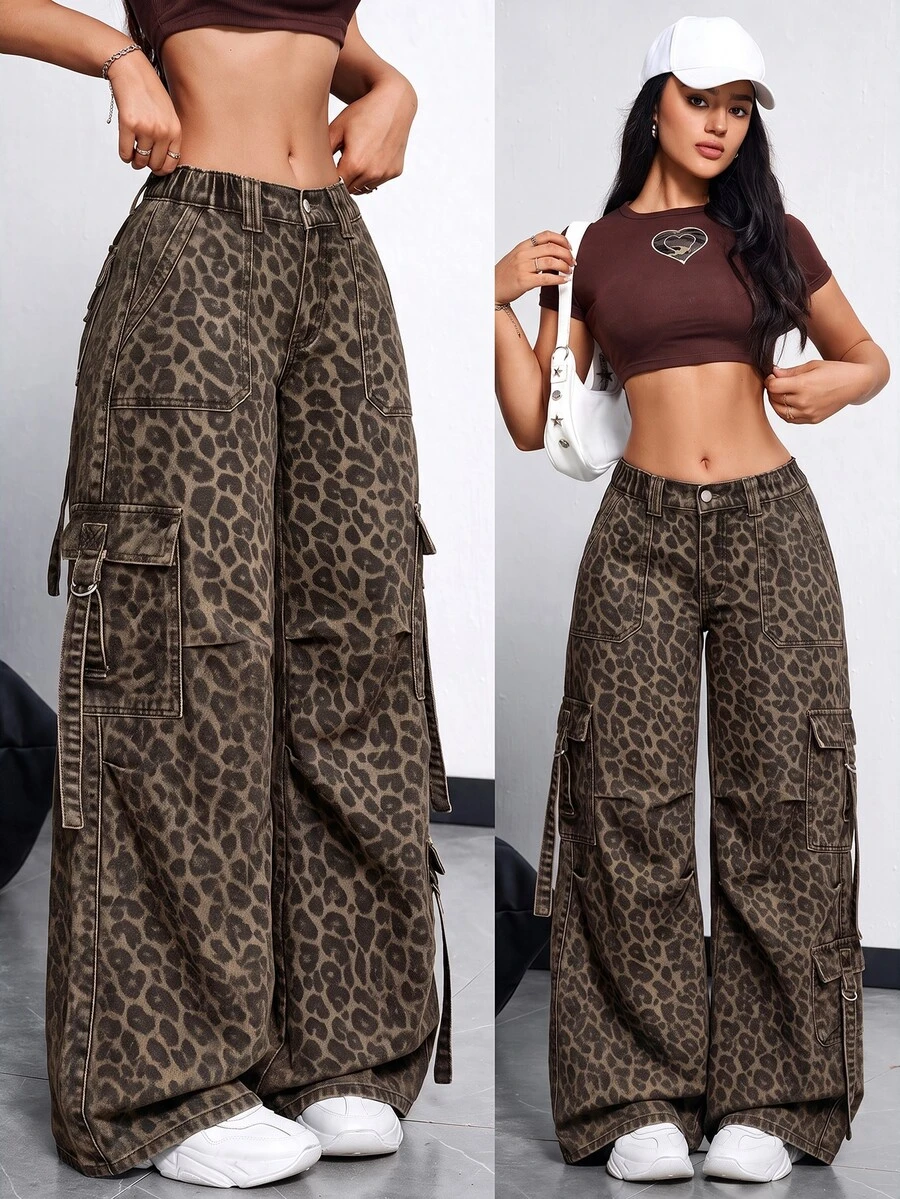 Rivivi Women's Casual Loose Fit Pocket Design Leopard Print Denim Jeans - Multicolor - View 1
