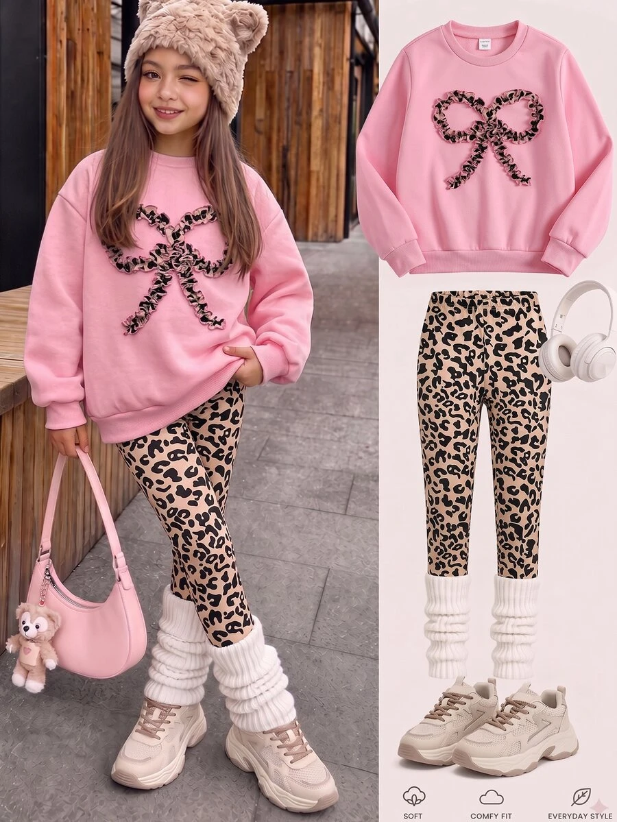 SHEIN Tween Girls Pink Crewneck Sweatshirt Leopard Leggings Set Cute Ruffle Bow Pullover Co-Ord Warm Winter Outfits Active Sweatsuit - Pink - View 1