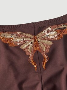 SHEIN MOD Women's Dragonfly Sequin Design Casual Flare Leg Pants - Brown - View 8