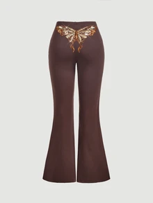 SHEIN MOD Women's Dragonfly Sequin Design Casual Flare Leg Pants - Brown - View 6