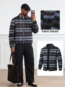 HUEFORM Vintage Colorblock Brown & Blue Striped Faux Wool Men's Short Jacket, Lapel Collar, Zipper, Dropped Shoulder, Streetwear Style, Old Money Aesthetic, Relaxed Fit - Blue - View 6