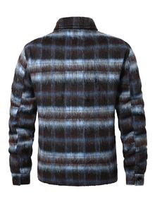 HUEFORM Vintage Colorblock Brown & Blue Striped Faux Wool Men's Short Jacket, Lapel Collar, Zipper, Dropped Shoulder, Streetwear Style, Old Money Aesthetic, Relaxed Fit - Blue - View 2