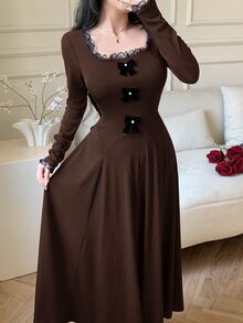 Feyla Women's Contrast Lace Bow Decor Long Sleeve Elegant Mid-Length Dress - Coffee Brown - View 5